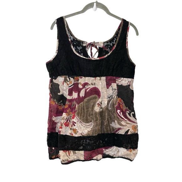 Fire Los Angeles Y2K Lace Trim Floral Print Mixed Media Tank Top Babydoll M - Picture 1 of 5
